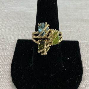 Gold Rope Ring with Blue and Green Stones